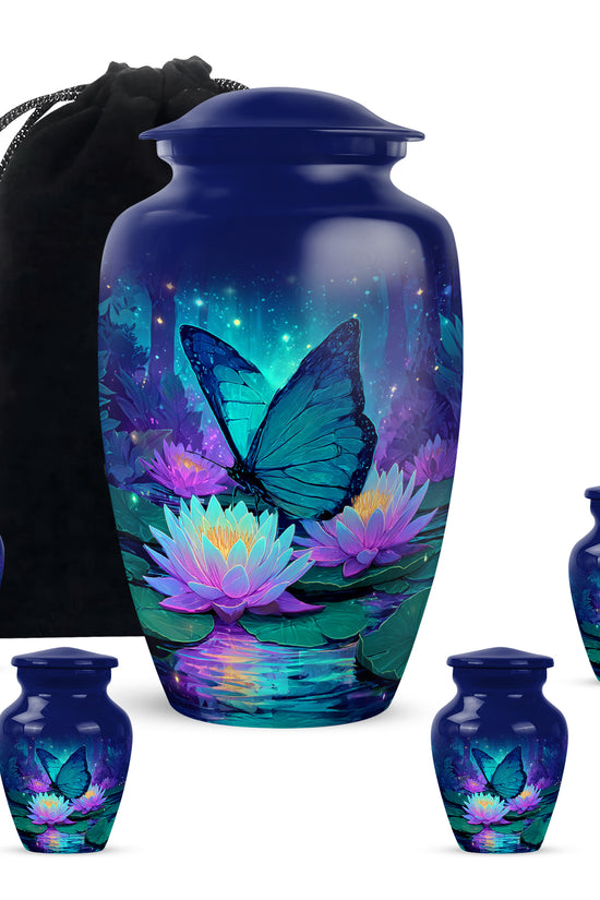 Steel Blue Butterfly Cremation Urn top-down view of secure threaded lid - elegant classic butterfly relief with fine detailing - memorial set with one large and four small urns