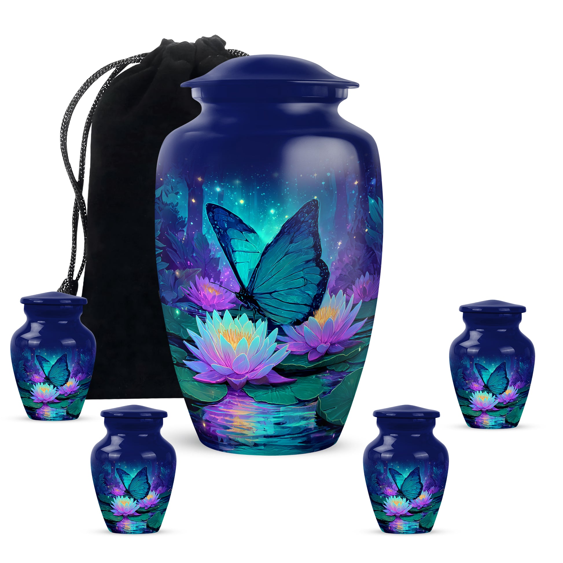 Steel Blue Butterfly Cremation Urn top-down view of secure threaded lid - elegant classic butterfly relief with fine detailing - memorial set with one large and four small urns