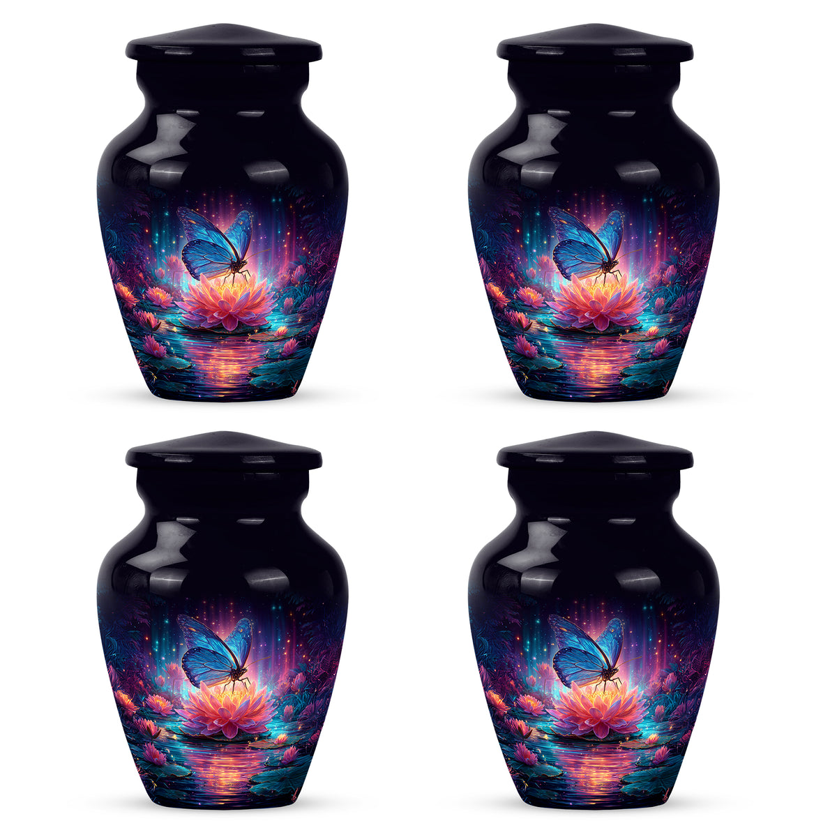 Cornflower Blue Butterfly Cremation Urn side profile showing urn shape - traditional butterfly engraving with hand-polished finish - 10 inch aluminum urn for cremated remains