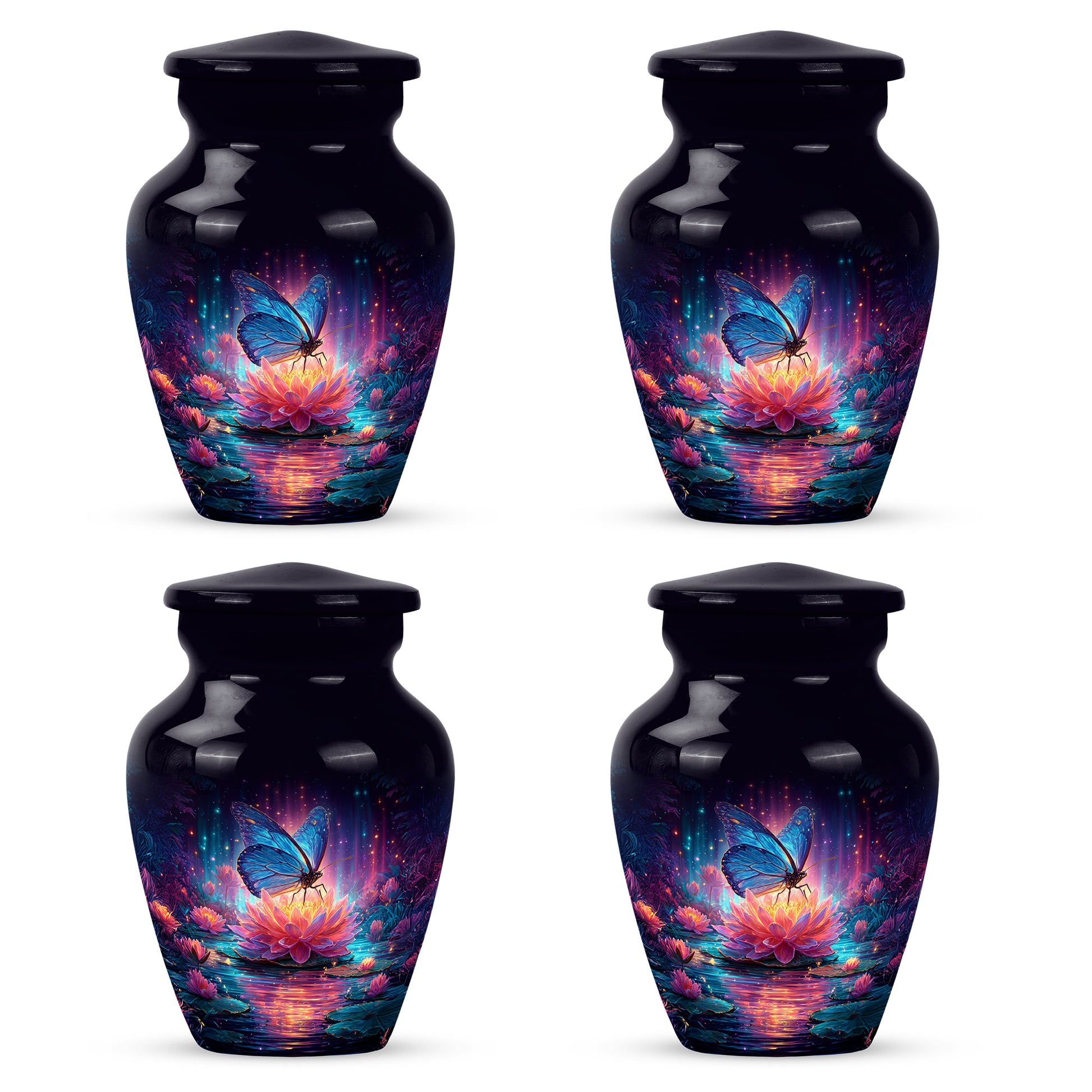 Cornflower Blue Butterfly Cremation Urn side profile showing urn shape - traditional butterfly engraving with hand-polished finish - 10 inch aluminum urn for cremated remains