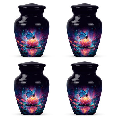 Cornflower Blue Butterfly Cremation Urn side profile showing urn shape - traditional butterfly engraving with hand-polished finish - 10 inch aluminum urn for cremated remains