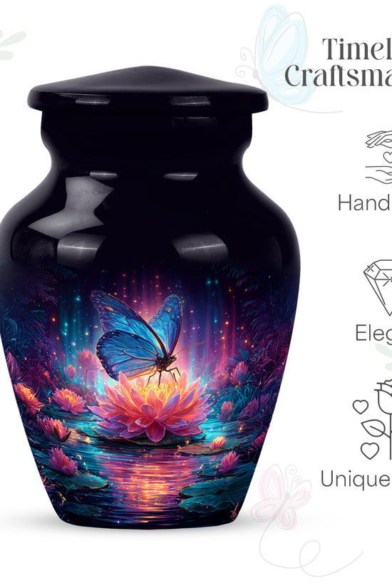Steel Blue Butterfly Cremation Urn close-up of engraving and surface detail - traditional butterfly engraving with hand-polished finish - mini keepsake memorial for portion of cremation ashes