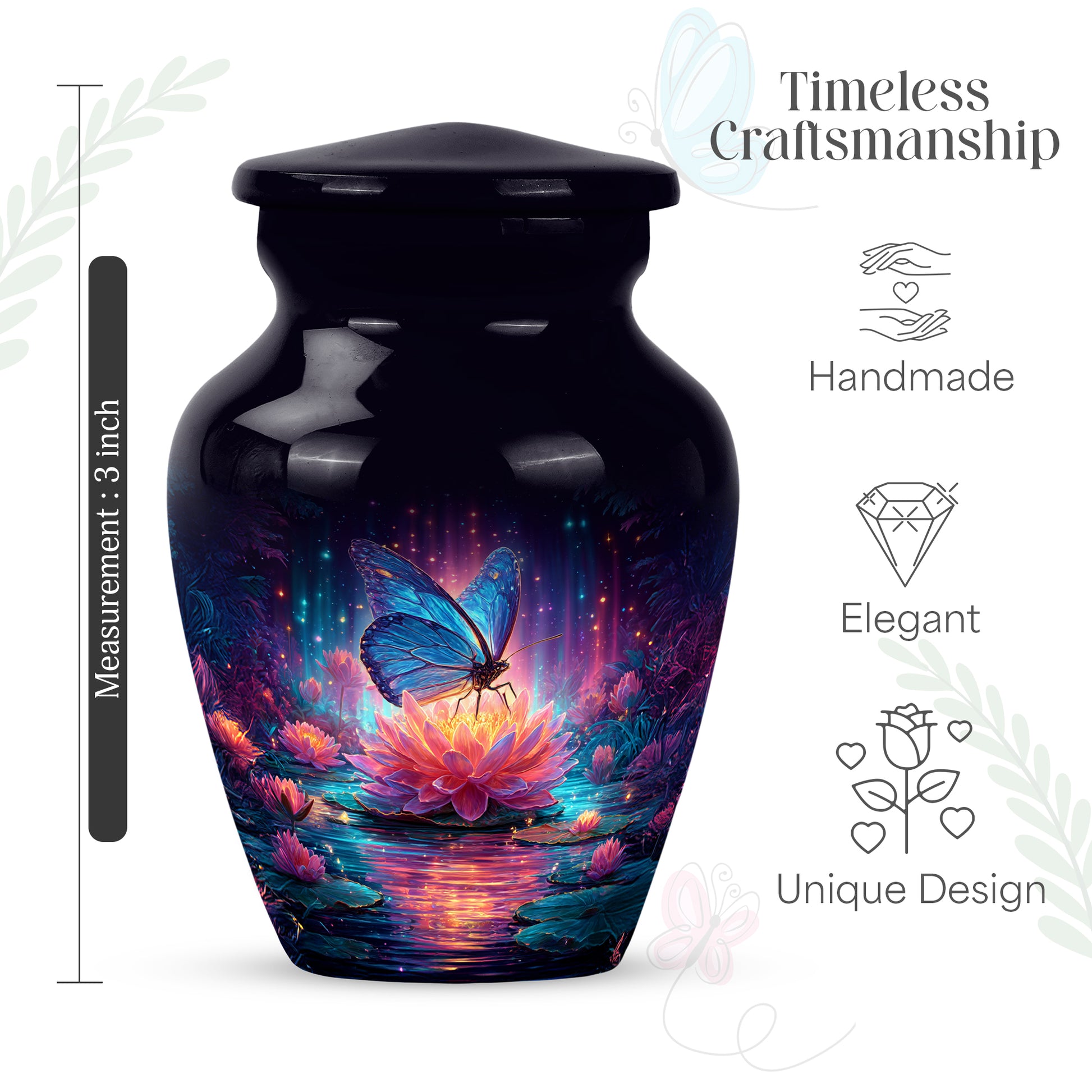 Steel Blue Butterfly Cremation Urn close-up of engraving and surface detail - traditional butterfly engraving with hand-polished finish - mini keepsake memorial for portion of cremation ashes