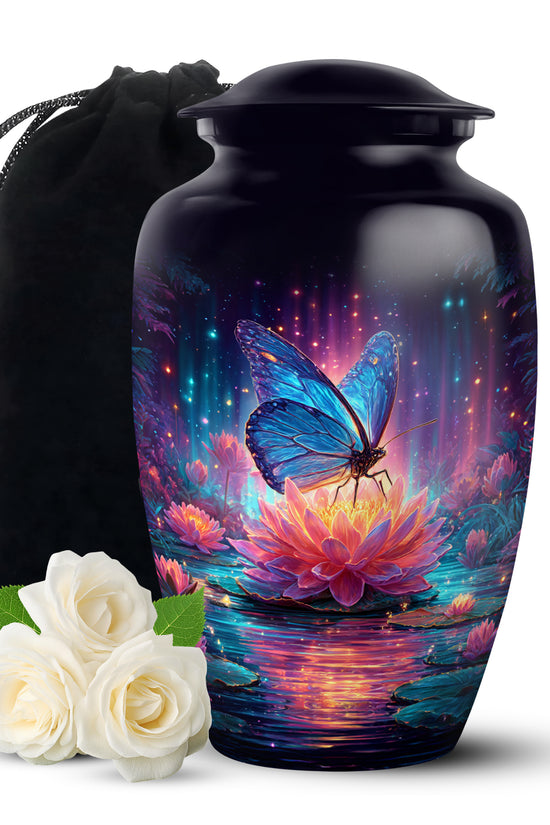 Icy Blue Butterfly Cremation Urn angled view of lid and engraved motif - timeless butterfly motif etched into premium metal - full-size 10 inch 200 cubic inch adult cremation urn