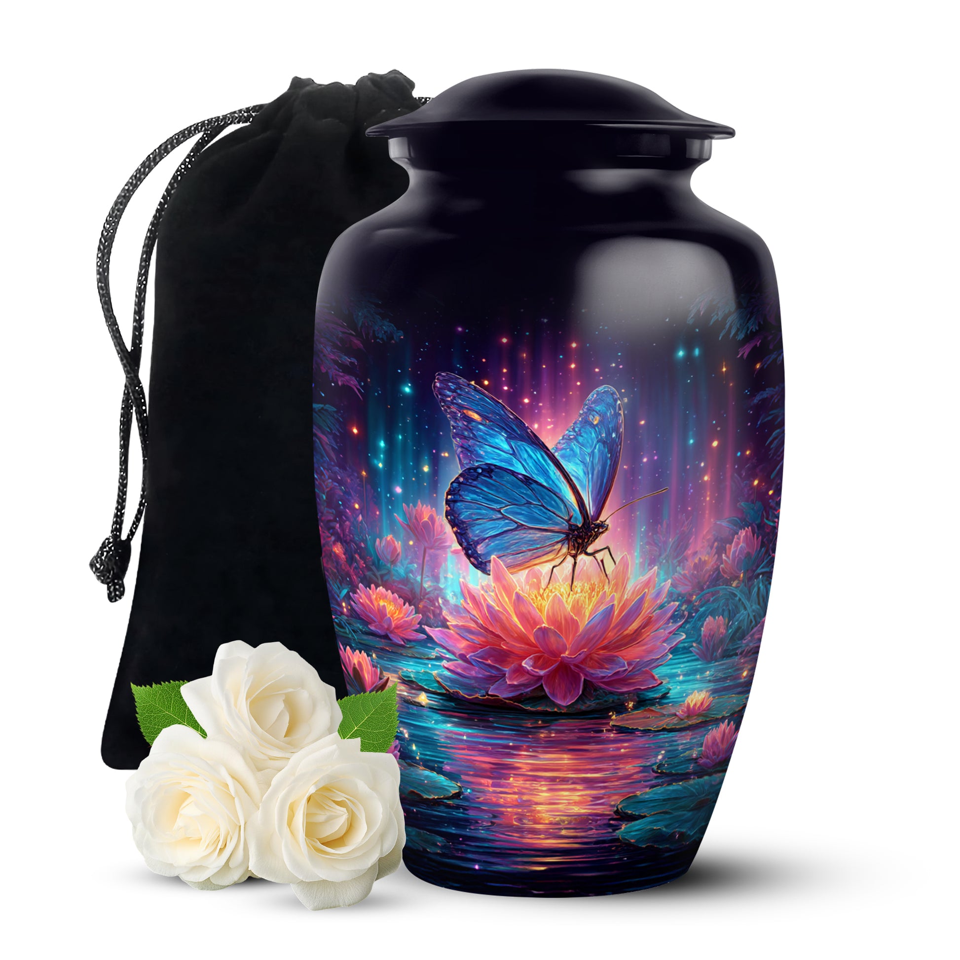 Icy Blue Butterfly Cremation Urn angled view of lid and engraved motif - timeless butterfly motif etched into premium metal - full-size 10 inch 200 cubic inch adult cremation urn