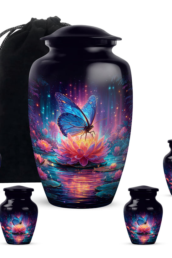Azure Butterfly Cremation Urn top-down view of secure threaded lid - timeless butterfly motif etched into premium metal - memorial set with one large and four small urns