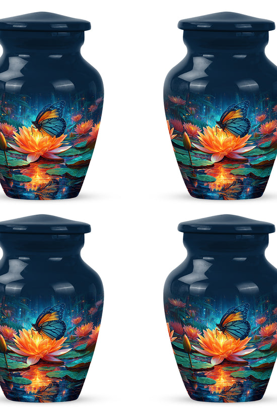 Icy Blue Butterfly Cremation Urn side profile showing urn shape - timeless butterfly motif etched into premium metal - 10 inch aluminum urn for cremated remains