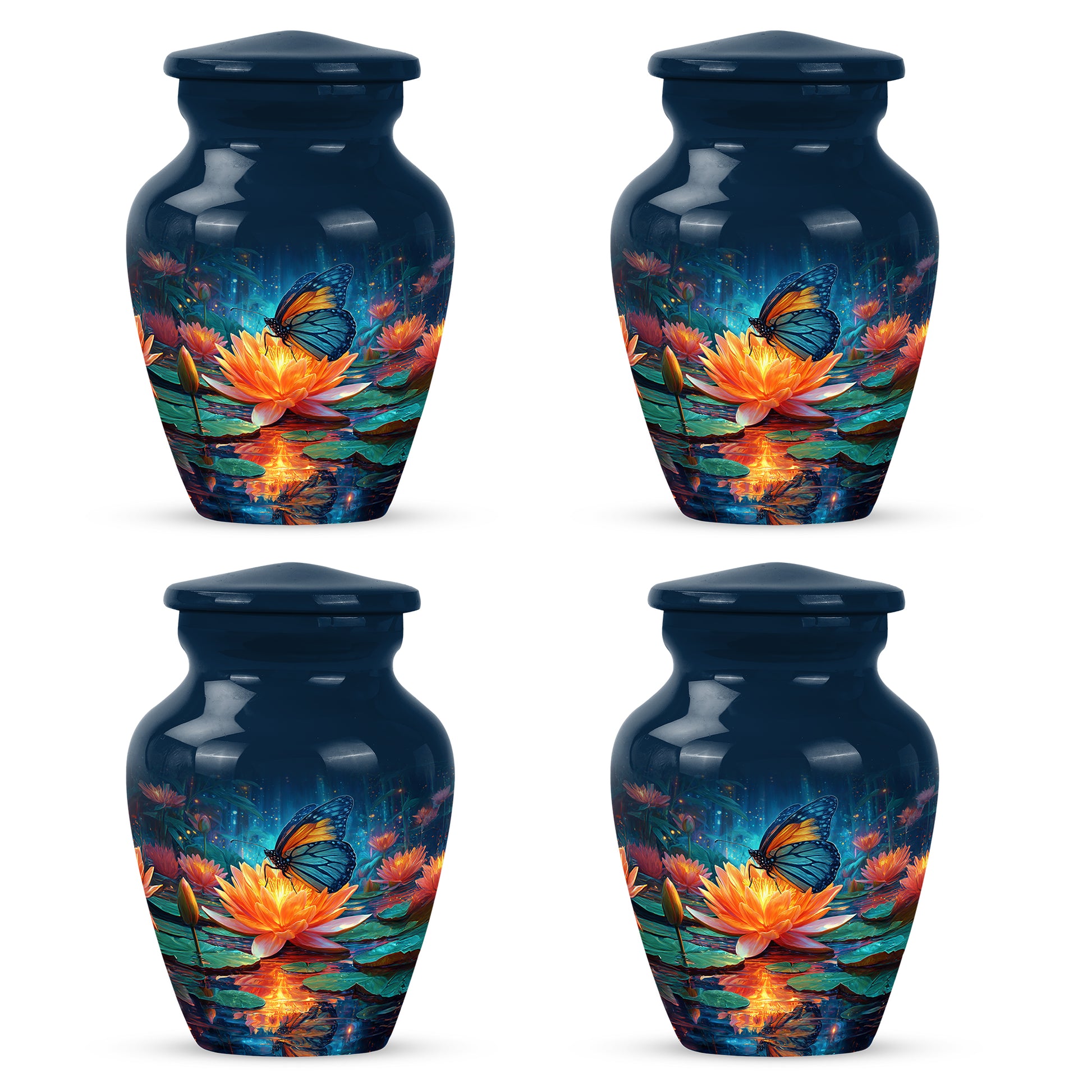Icy Blue Butterfly Cremation Urn side profile showing urn shape - timeless butterfly motif etched into premium metal - 10 inch aluminum urn for cremated remains