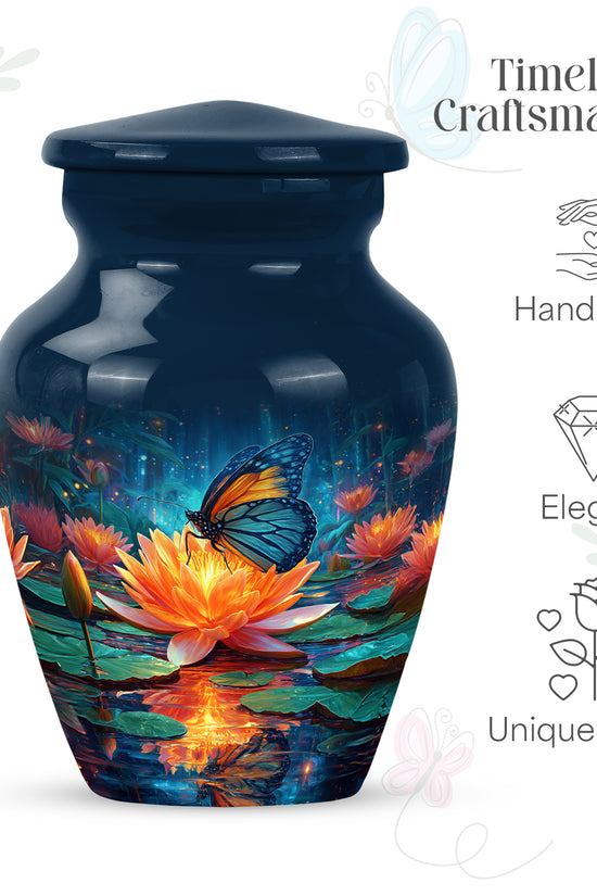 Steel Blue Butterfly Cremation Urn close-up of engraving and surface detail - traditional butterfly engraving with hand-polished finish - mini keepsake memorial for portion of cremation ashes