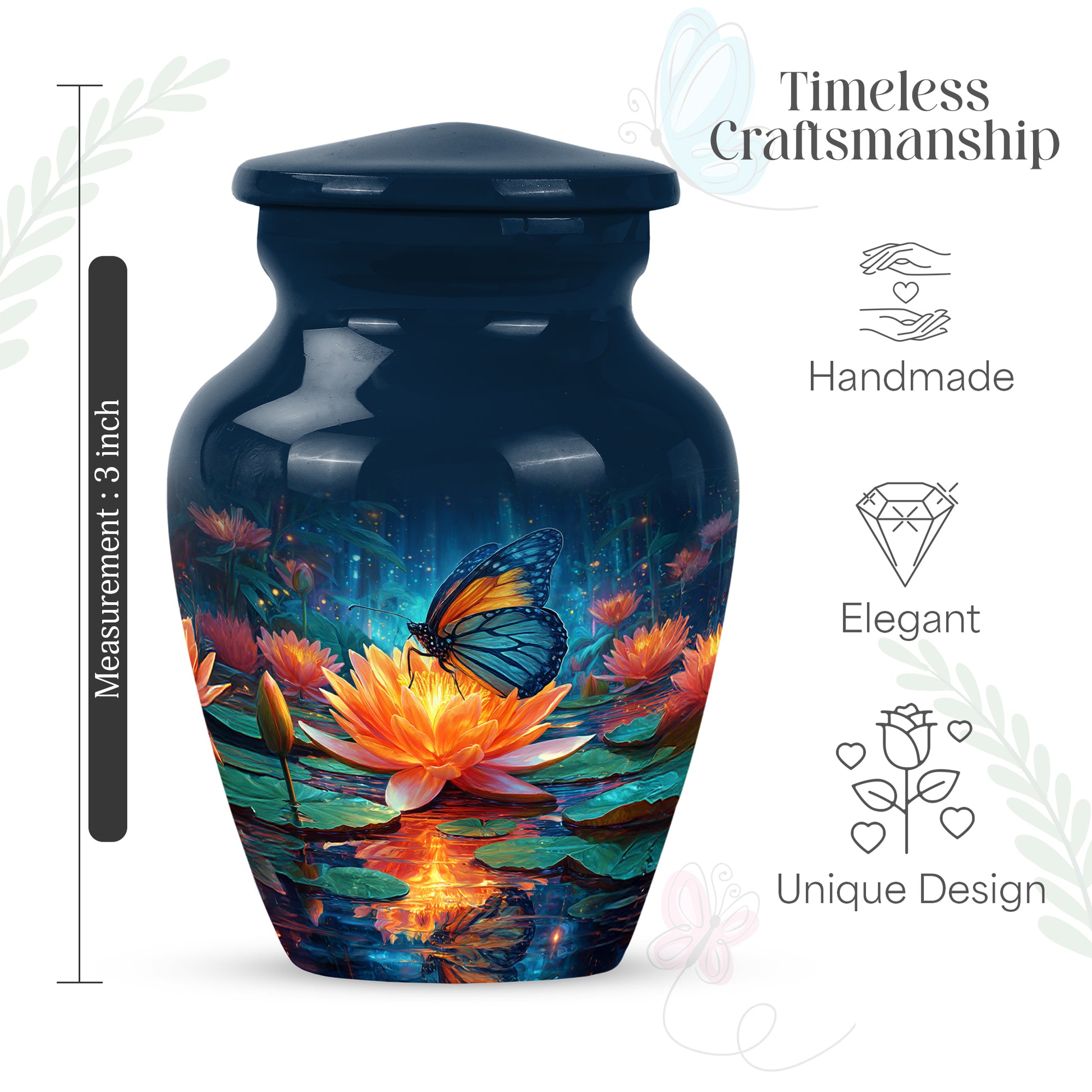 Steel Blue Butterfly Cremation Urn close-up of engraving and surface detail - traditional butterfly engraving with hand-polished finish - mini keepsake memorial for portion of cremation ashes