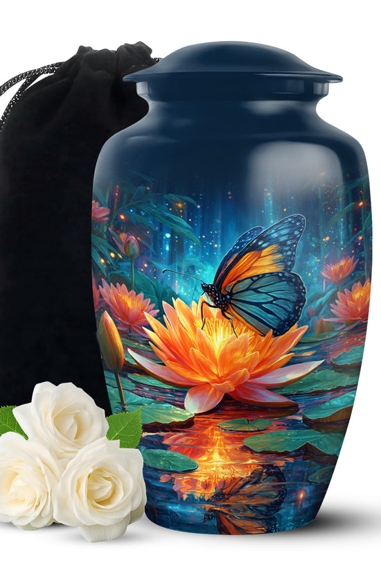 Pastel Blue Butterfly Cremation Urn angled view of lid and engraved motif - classic sculpted butterfly pattern on smooth aluminum - full-size 10 inch 200 cubic inch adult cremation urn