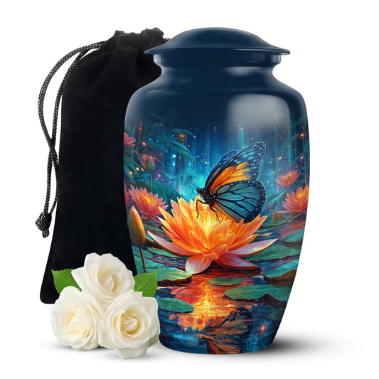 Pastel Blue Butterfly Cremation Urn angled view of lid and engraved motif - classic sculpted butterfly pattern on smooth aluminum - full-size 10 inch 200 cubic inch adult cremation urn