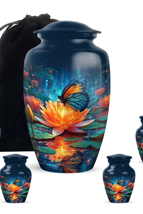 Bright Blue Butterfly Cremation Urn top-down view of secure threaded lid - traditional butterfly engraving with hand-polished finish - memorial set with one large and four small urns