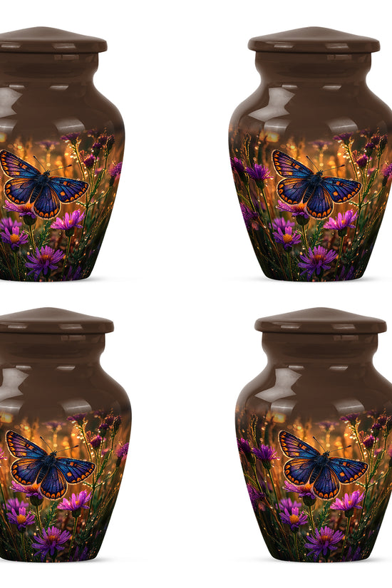 Royal Gold Butterfly Cremation Urn side profile showing urn shape - elegant classic butterfly relief with fine detailing - 10 inch aluminum urn for cremated remains