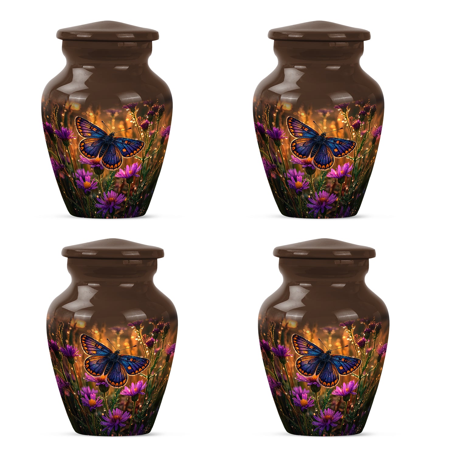 Royal Gold Butterfly Cremation Urn side profile showing urn shape - elegant classic butterfly relief with fine detailing - 10 inch aluminum urn for cremated remains