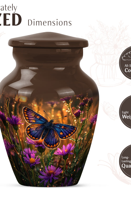 Champagne Gold Butterfly Cremation Urn close-up of engraving and surface detail - timeless butterfly motif etched into premium metal - mini keepsake memorial for portion of cremation ashes