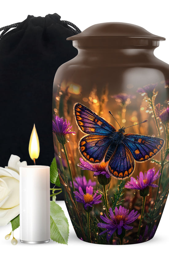 Burnished Gold Butterfly Cremation Urn angled view of lid and engraved motif - traditional butterfly engraving with hand-polished finish - full-size 10 inch 200 cubic inch adult cremation urn