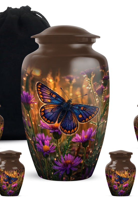 Gilded Gold Butterfly Cremation Urn top-down view of secure threaded lid - classic sculpted butterfly pattern on smooth aluminum - memorial set with one large and four small urns