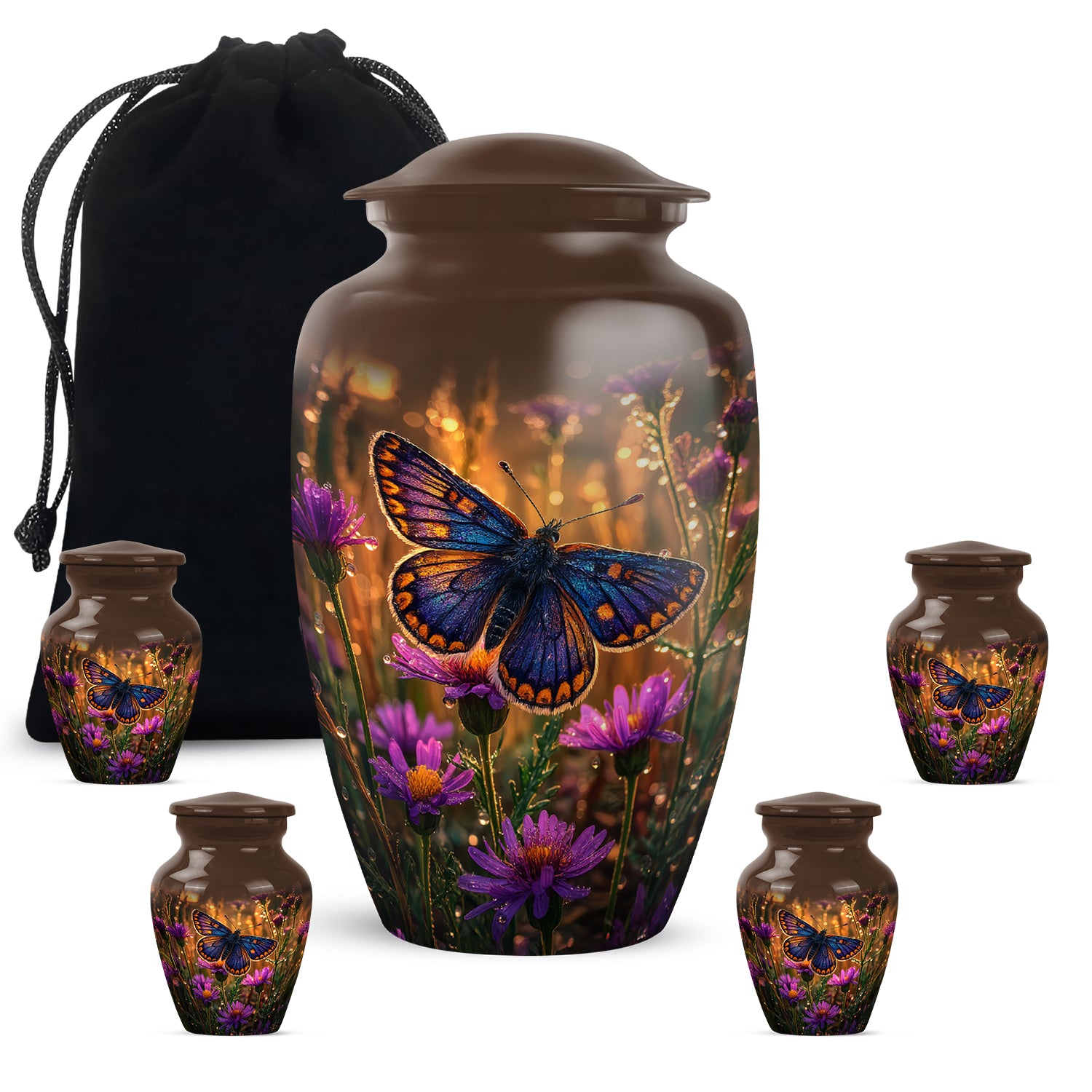 Gilded Gold Butterfly Cremation Urn top-down view of secure threaded lid - classic sculpted butterfly pattern on smooth aluminum - memorial set with one large and four small urns