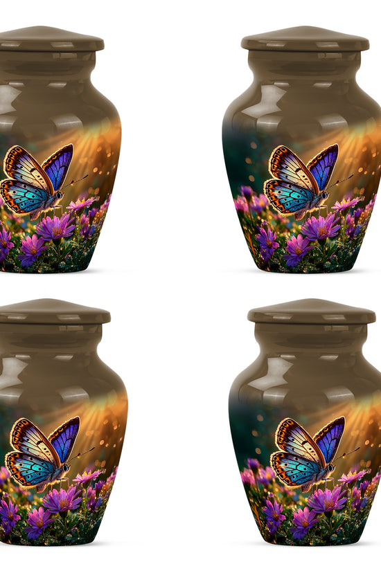 Warm Gold Butterfly Cremation Urn side profile showing urn shape - traditional butterfly engraving with hand-polished finish - 10 inch aluminum urn for cremated remains