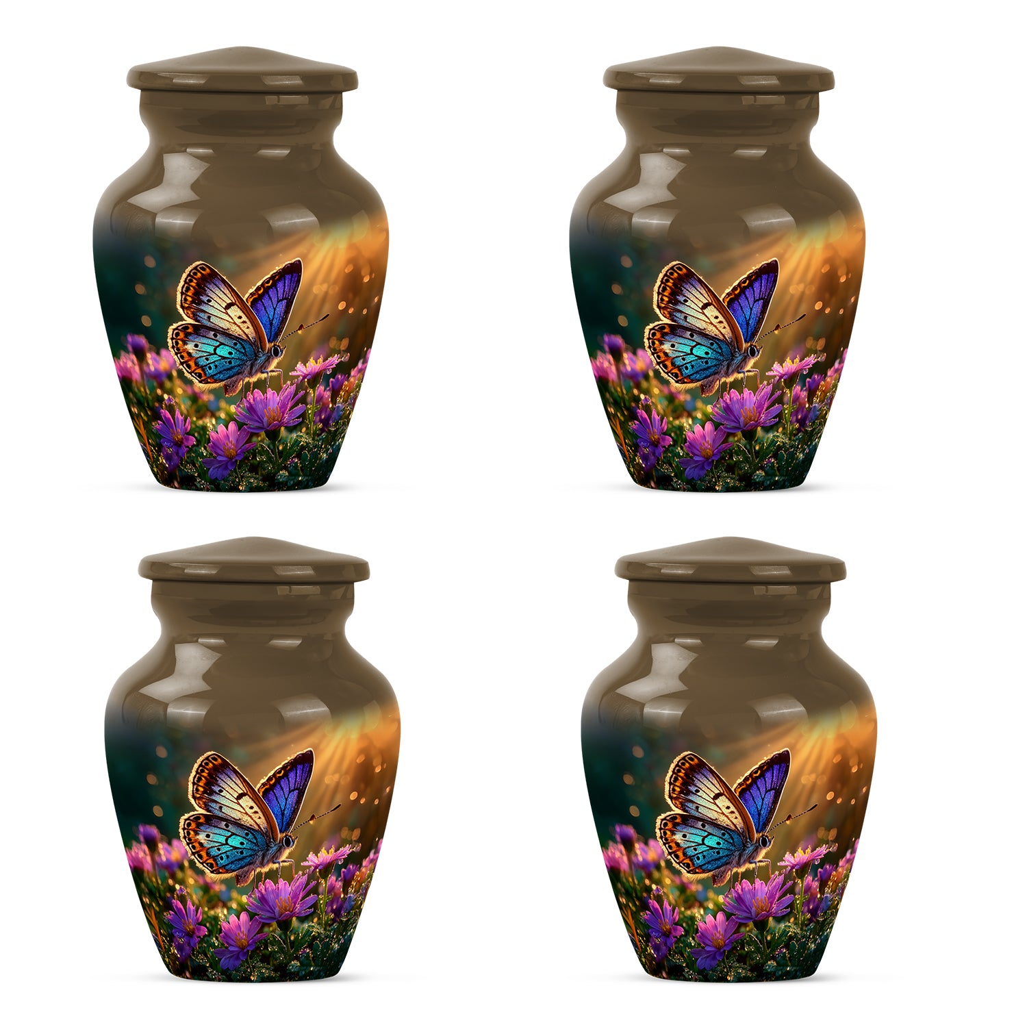 Warm Gold Butterfly Cremation Urn side profile showing urn shape - traditional butterfly engraving with hand-polished finish - 10 inch aluminum urn for cremated remains