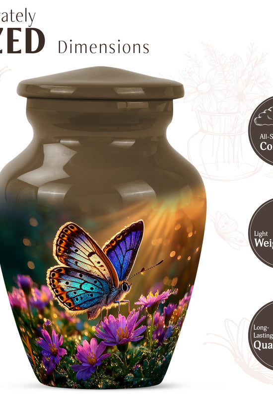 Champagne Gold Butterfly Cremation Urn close-up of engraving and surface detail - timeless butterfly motif etched into premium metal - mini keepsake memorial for portion of cremation ashes