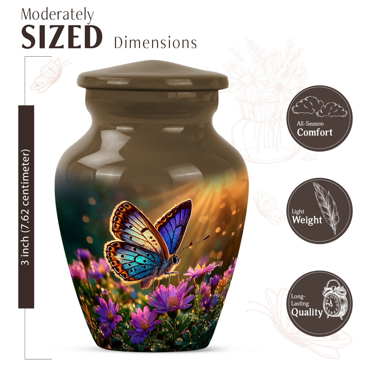 Champagne Gold Butterfly Cremation Urn close-up of engraving and surface detail - timeless butterfly motif etched into premium metal - mini keepsake memorial for portion of cremation ashes