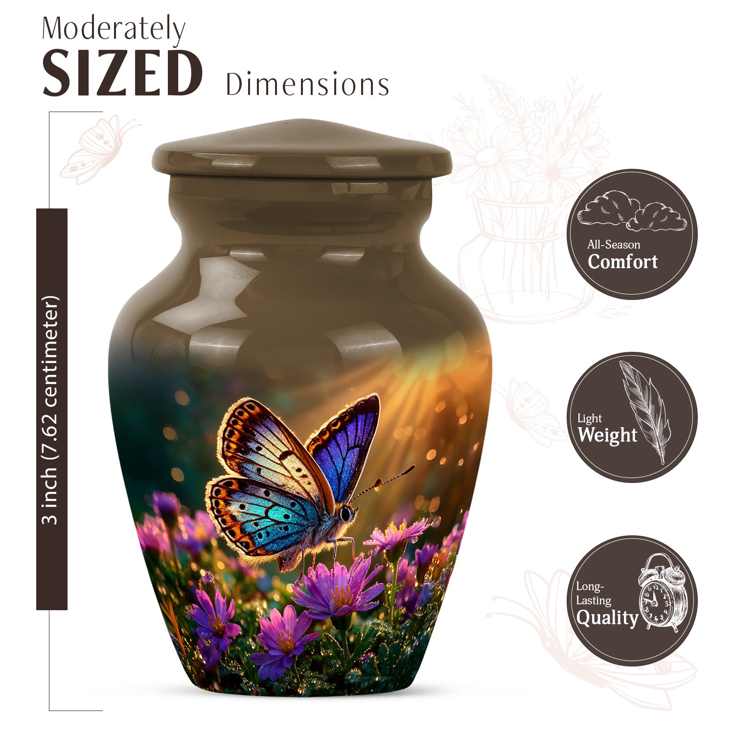 Champagne Gold Butterfly Cremation Urn close-up of engraving and surface detail - timeless butterfly motif etched into premium metal - mini keepsake memorial for portion of cremation ashes