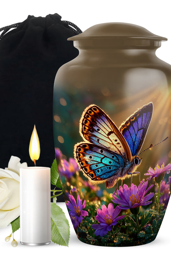 Warm Gold Butterfly Cremation Urn angled view of lid and engraved motif - traditional butterfly engraving with hand-polished finish - full-size 10 inch 200 cubic inch adult cremation urn
