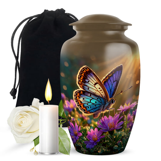 Warm Gold Butterfly Cremation Urn angled view of lid and engraved motif - traditional butterfly engraving with hand-polished finish - full-size 10 inch 200 cubic inch adult cremation urn