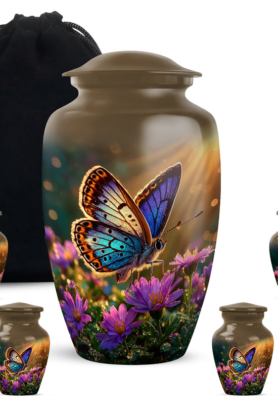 Antique Gold Butterfly Cremation Urn top-down view of secure threaded lid - timeless butterfly motif etched into premium metal - memorial set with one large and four small urns