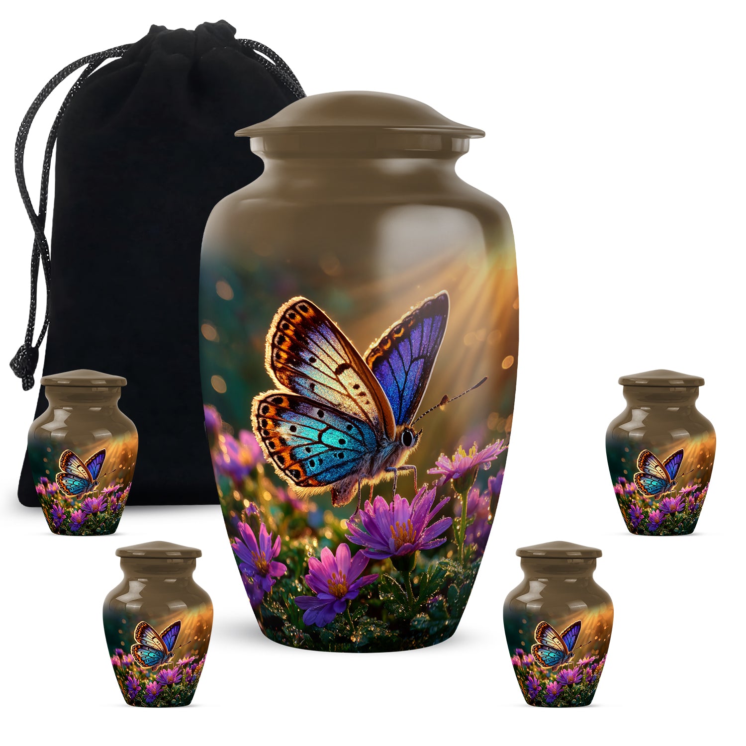 Antique Gold Butterfly Cremation Urn top-down view of secure threaded lid - timeless butterfly motif etched into premium metal - memorial set with one large and four small urns