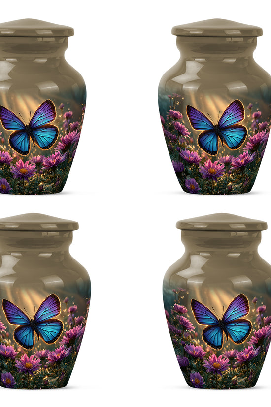 Harvest Gold Butterfly Cremation Urn side profile showing urn shape - traditional butterfly engraving with hand-polished finish - 10 inch aluminum urn for cremated remains