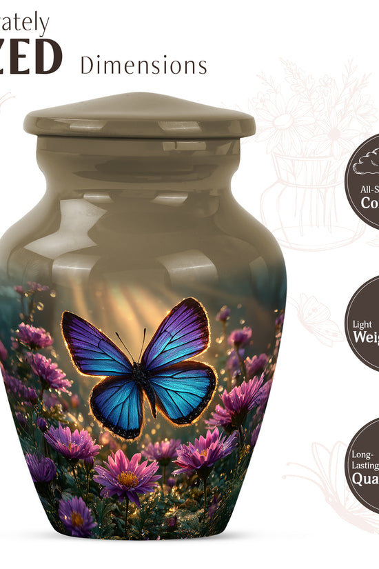 Champagne Gold Butterfly Cremation Urn close-up of engraving and surface detail - classic sculpted butterfly pattern on smooth aluminum - mini keepsake memorial for portion of cremation ashes