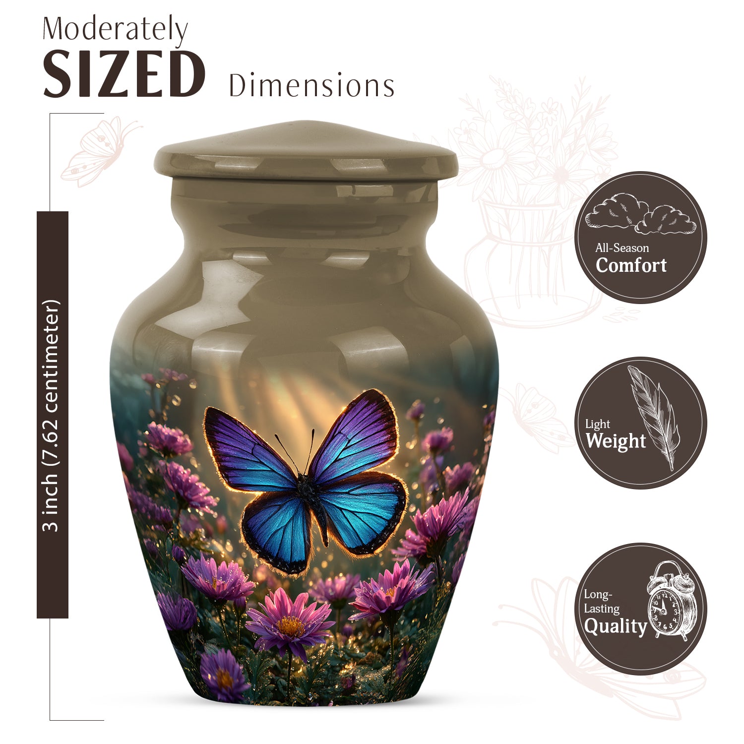 Champagne Gold Butterfly Cremation Urn close-up of engraving and surface detail - classic sculpted butterfly pattern on smooth aluminum - mini keepsake memorial for portion of cremation ashes