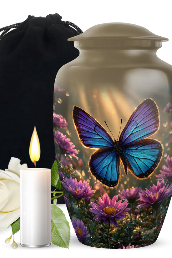 Warm Gold Butterfly Cremation Urn angled view of lid and engraved motif - elegant classic butterfly relief with fine detailing - full-size 10 inch 200 cubic inch adult cremation urn