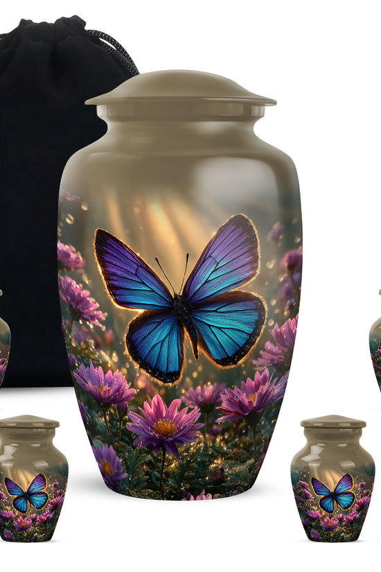 Matte Gold Butterfly Cremation Urn top-down view of secure threaded lid - traditional butterfly engraving with hand-polished finish - memorial set with one large and four small urns