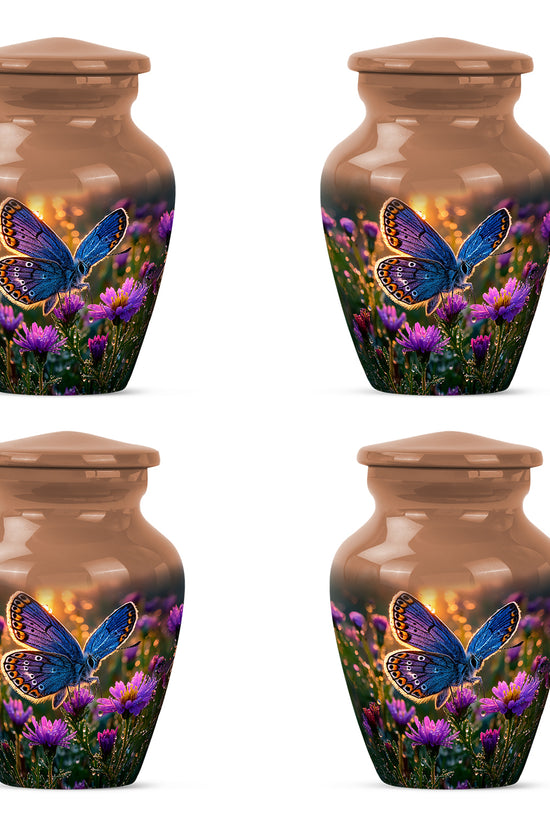 Warm Gold Butterfly Cremation Urn side profile showing urn shape - elegant classic butterfly relief with fine detailing - 10 inch aluminum urn for cremated remains