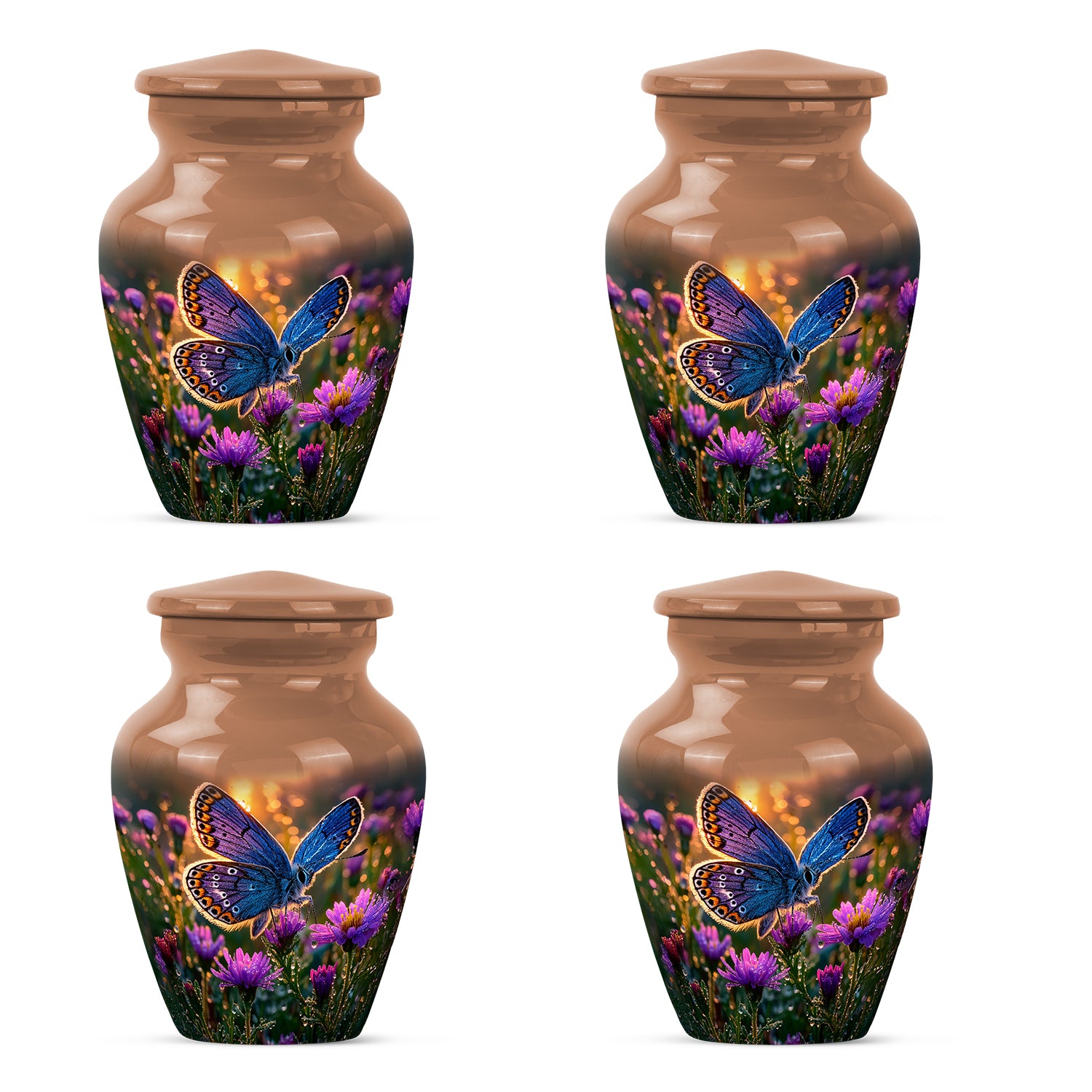 Warm Gold Butterfly Cremation Urn side profile showing urn shape - elegant classic butterfly relief with fine detailing - 10 inch aluminum urn for cremated remains