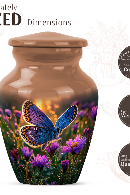 Antique Gold Butterfly Cremation Urn close-up of engraving and surface detail - classic sculpted butterfly pattern on smooth aluminum - mini keepsake memorial for portion of cremation ashes
