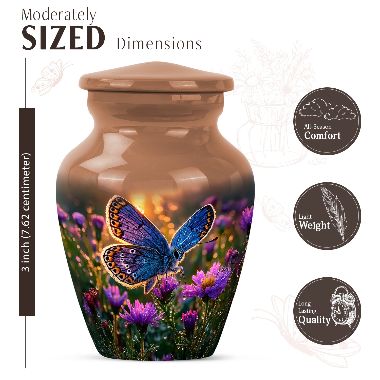 Antique Gold Butterfly Cremation Urn close-up of engraving and surface detail - classic sculpted butterfly pattern on smooth aluminum - mini keepsake memorial for portion of cremation ashes