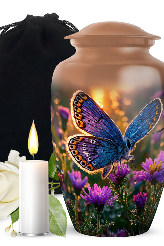 Gilded Gold Butterfly Cremation Urn angled view of lid and engraved motif - classic sculpted butterfly pattern on smooth aluminum - full-size 10 inch 200 cubic inch adult cremation urn
