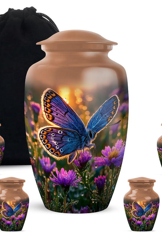 Matte Gold Butterfly Cremation Urn top-down view of secure threaded lid - traditional butterfly engraving with hand-polished finish - memorial set with one large and four small urns