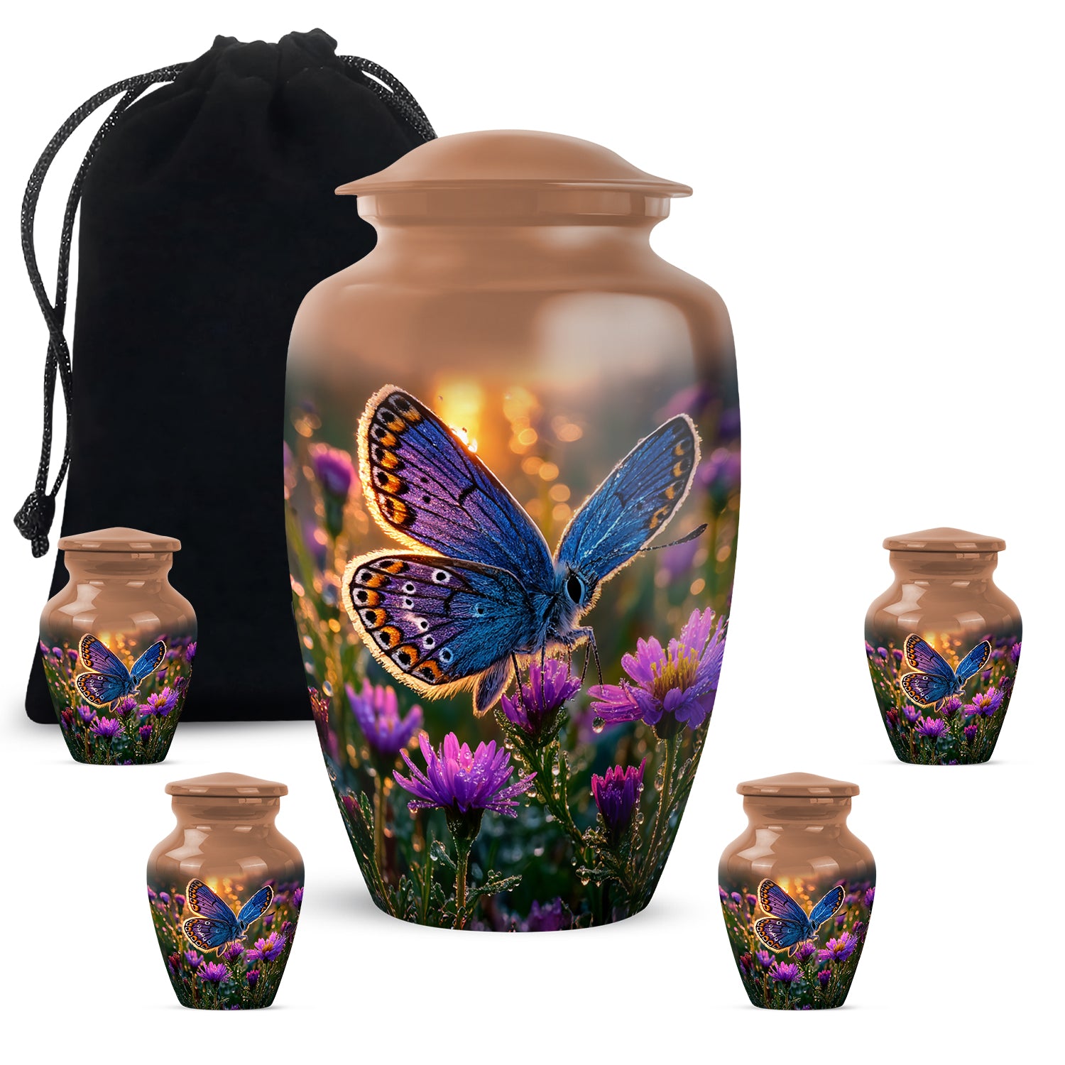 Matte Gold Butterfly Cremation Urn top-down view of secure threaded lid - traditional butterfly engraving with hand-polished finish - memorial set with one large and four small urns