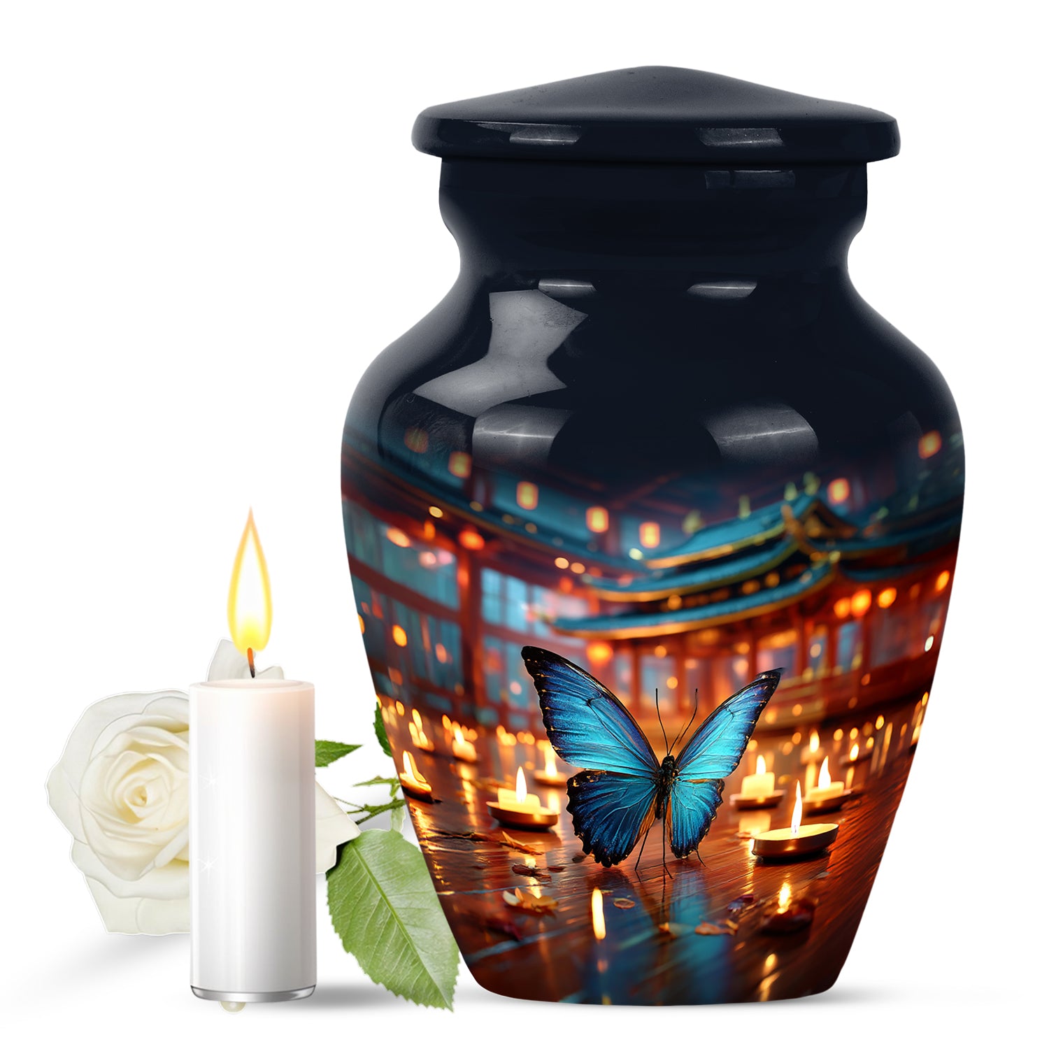 Distinguished Blue Butterfly Cremation Urn for Ashes - 10-inch, 200 cu in - Yatskia