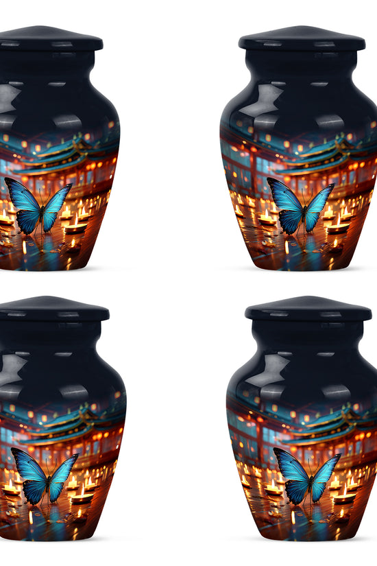 Vivid Blue Butterfly Cremation Urn side profile showing urn shape - traditional butterfly engraving with hand-polished finish - 10 inch aluminum urn for cremated remains