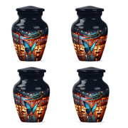 Vivid Blue Butterfly Cremation Urn side profile showing urn shape - traditional butterfly engraving with hand-polished finish - 10 inch aluminum urn for cremated remains