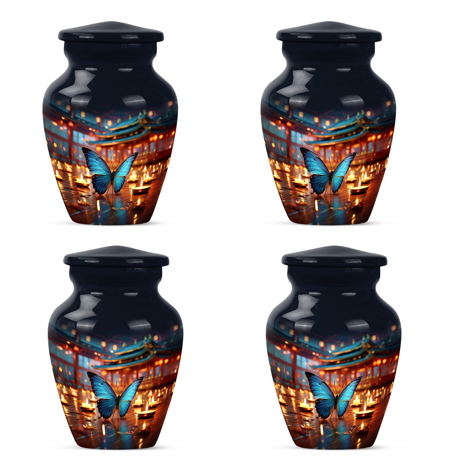 Vivid Blue Butterfly Cremation Urn side profile showing urn shape - traditional butterfly engraving with hand-polished finish - 10 inch aluminum urn for cremated remains
