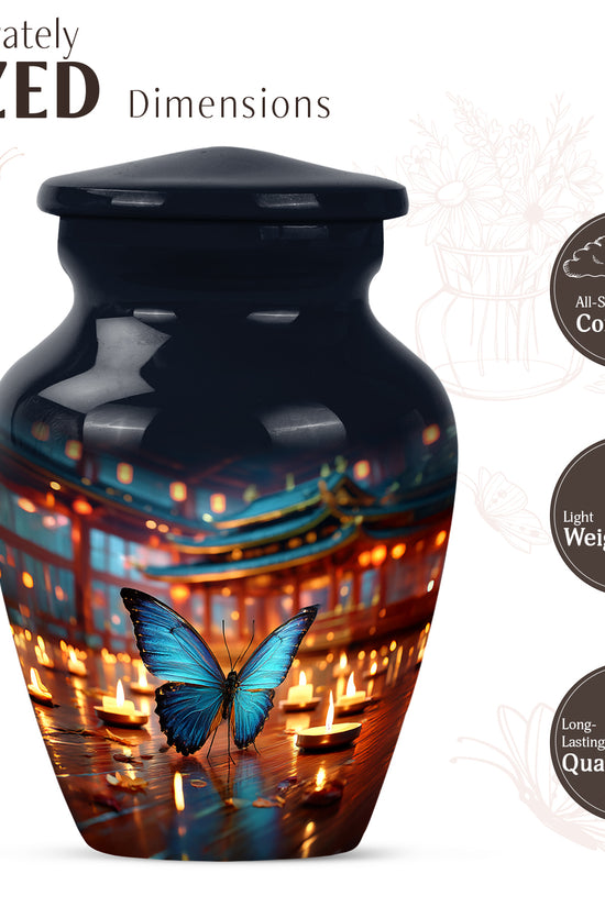 Serene Blue Butterfly Cremation Urn close-up of engraving and surface detail - traditional butterfly engraving with hand-polished finish - mini keepsake memorial for portion of cremation ashes