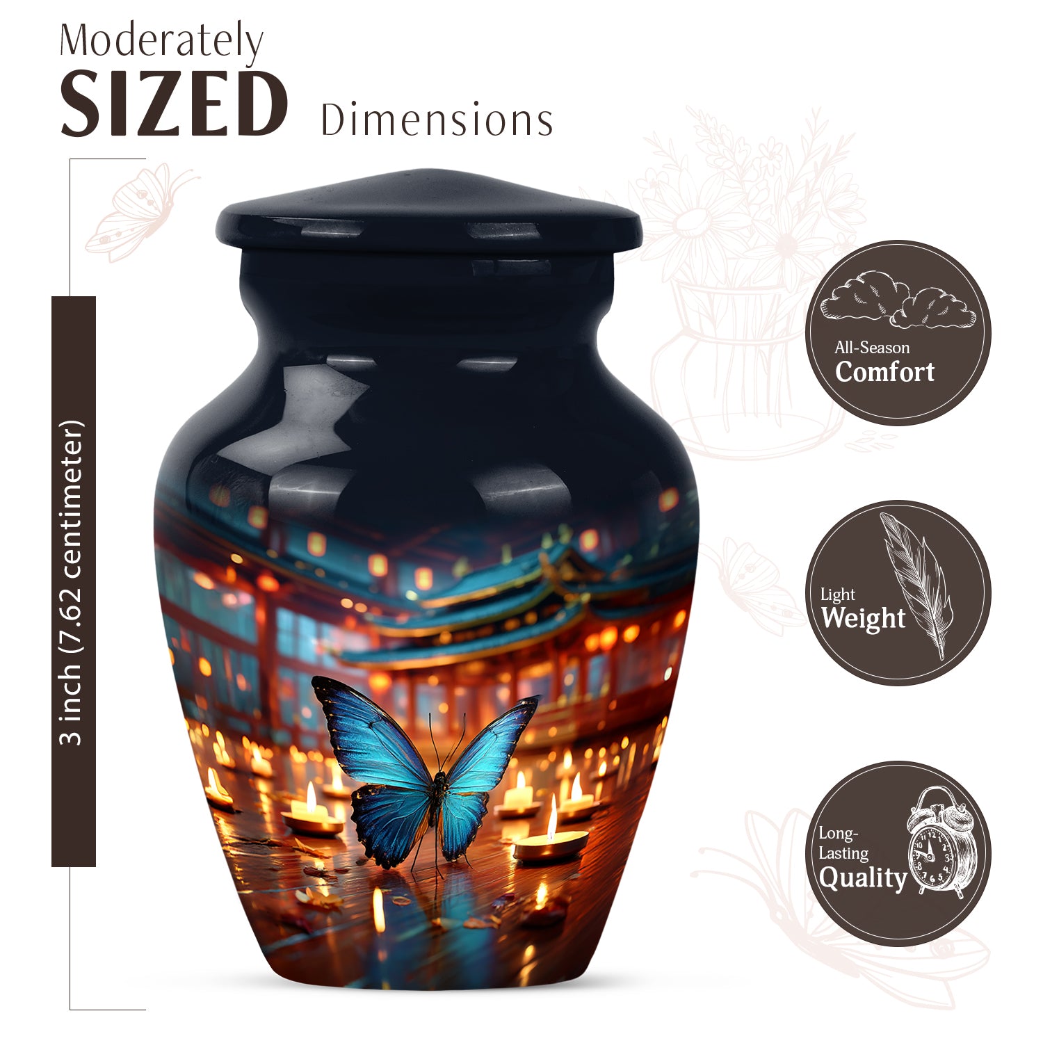 Serene Blue Butterfly Cremation Urn close-up of engraving and surface detail - traditional butterfly engraving with hand-polished finish - mini keepsake memorial for portion of cremation ashes